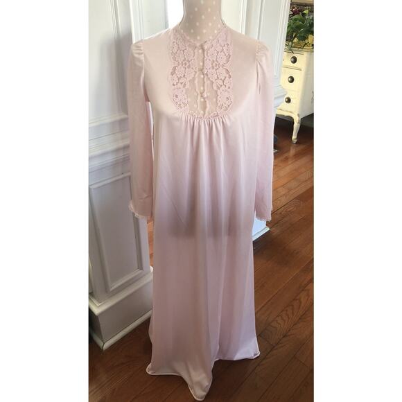 Vintage Vanity Fair Long Nightgown Lace Chest Baby Pink Nylon Top Flannel Back S - Picture 1 of 11